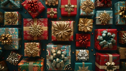 Digital design of holiday gifts arranged in a creative pattern. 
