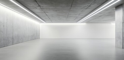 Modern Concrete Room Interior with White Walls and Ceiling Lights