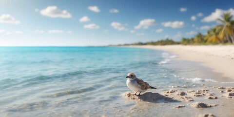A bird's-eye perspective of a sandy shoreline boasting clear blue water and pristine white sand, all beneath a vast, clear blue sky.