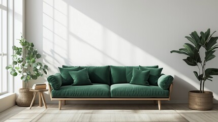 Living room interior in Scandinavian style. Emerald green sofa against white wall. Minimalistic and cozy interior design.