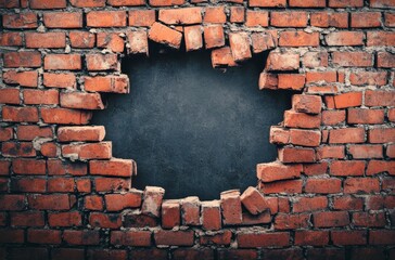 Broken Red Brick Wall With Hole And Dark Background