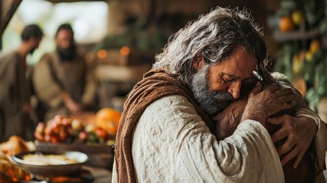 The Prodigal Son returns, embraced by his father, with a lavish feast in the background. The scene highlights forgiveness, redemption, and reconciliation.