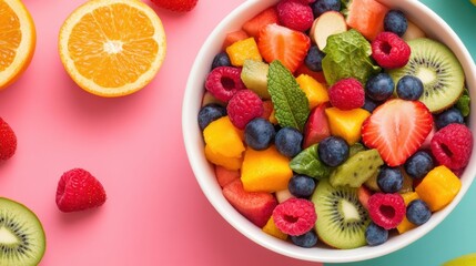 A vibrant salad bowl filled with colorful fruits and vegetables, symbolizing a nutritious and balanced diet