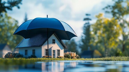 Life insurance umbrella, house under shield, property protection, coverage, 3D illustration