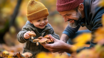 photo of little happy boy with dad picking mushrooms in autumn forest, family, child, man, parent, fall, father, trees, aspen mushroom, boletus, nature, wood, kid, hat, clothes, emotional face, orange