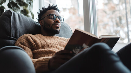 Afican Man Reading A Book At Home, relaxing day