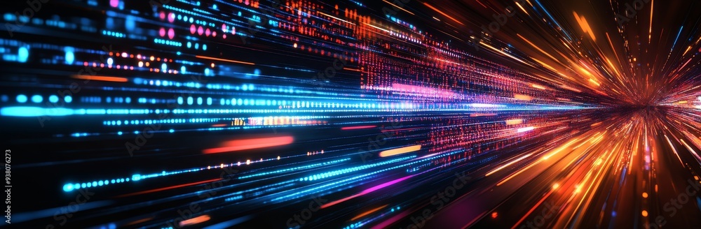Poster abstract digital tunnel with bright neon lights and data stream