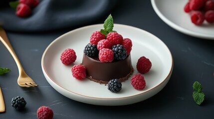 Dark Chocolate Panna Cotta with Fresh Raspberries and Blackberries on Modern Plate