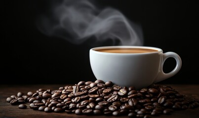 Coffee Beans and a Steaming Cup of Coffee