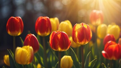 red and yellow tulips with sunlight, spring background.