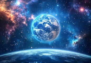 Obraz premium Blue Planet Earth in Space with Stars and Nebula