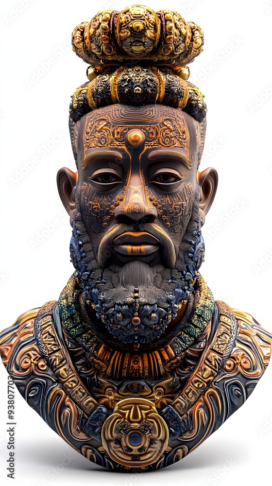Poster 31. **a 3d render of a ceramic art portrait depicting a charismatic leader with ornate patterns and 