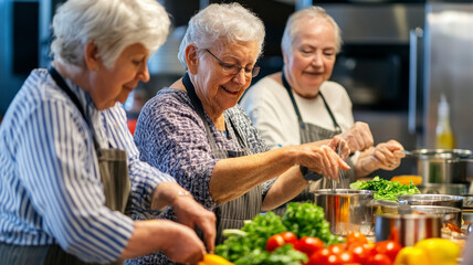 group of middle-aged friends is taking a cooking class