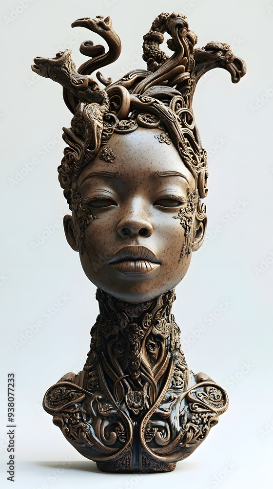 Poster 31. **a 3d render of a ceramic art portrait depicting a charismatic leader with ornate patterns and 