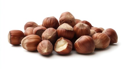 Fototapeta premium A small heap of whole organic hazelnuts in shells with one cracked open on a clean white background.