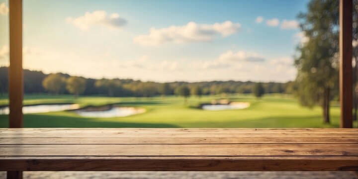 Refined wooden table with blurred golf course background.