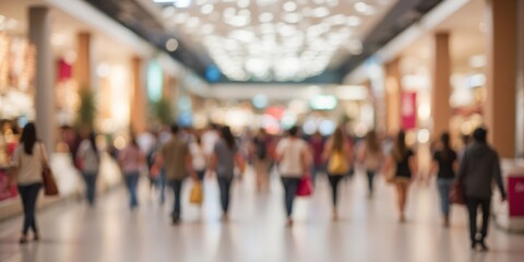 A busy shopping mall with blurred motion of shoppers.