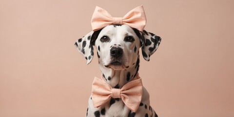 Dalmatian dog is wearing a big bow on his head on a pastel peach background Minimal fashion dog idea.
