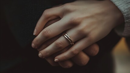 A close up photograph showcasing the intertwined hands of a couple with their wedding rings prominently displayed symbolizing their eternal love commitment and lifelong bond