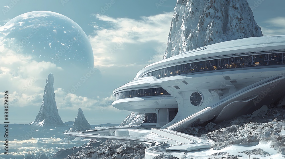 Poster futuristic architecture on an alien planet, with a large moon and towering mountains in the backgrou