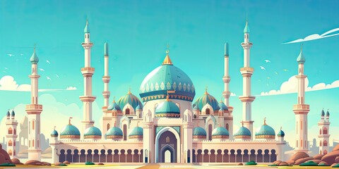 Mosque with multiple domes and minarets.