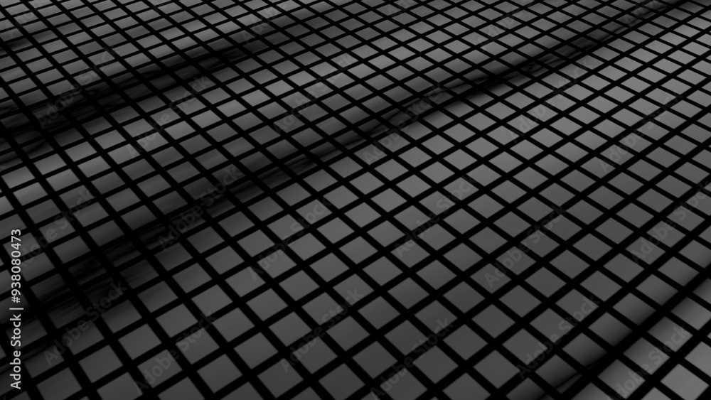 Poster black and gray grid pattern with a textured surface and layered, 3d appearance.