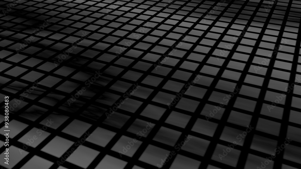 Poster dense black and gray squares forming a grid pattern with a textured, 3d effect.