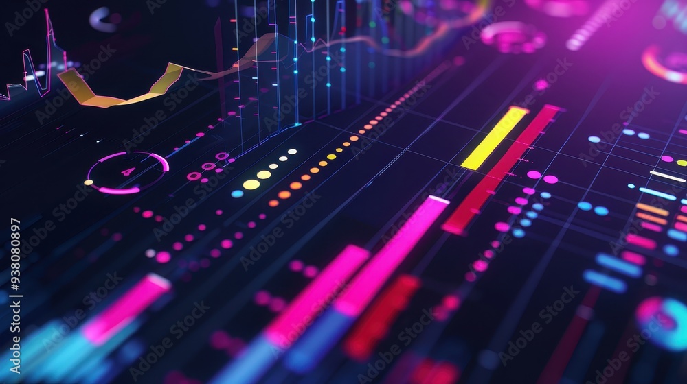 Poster colorful abstract data visualization chart with bars and lines, symbolizing data science, analytics,
