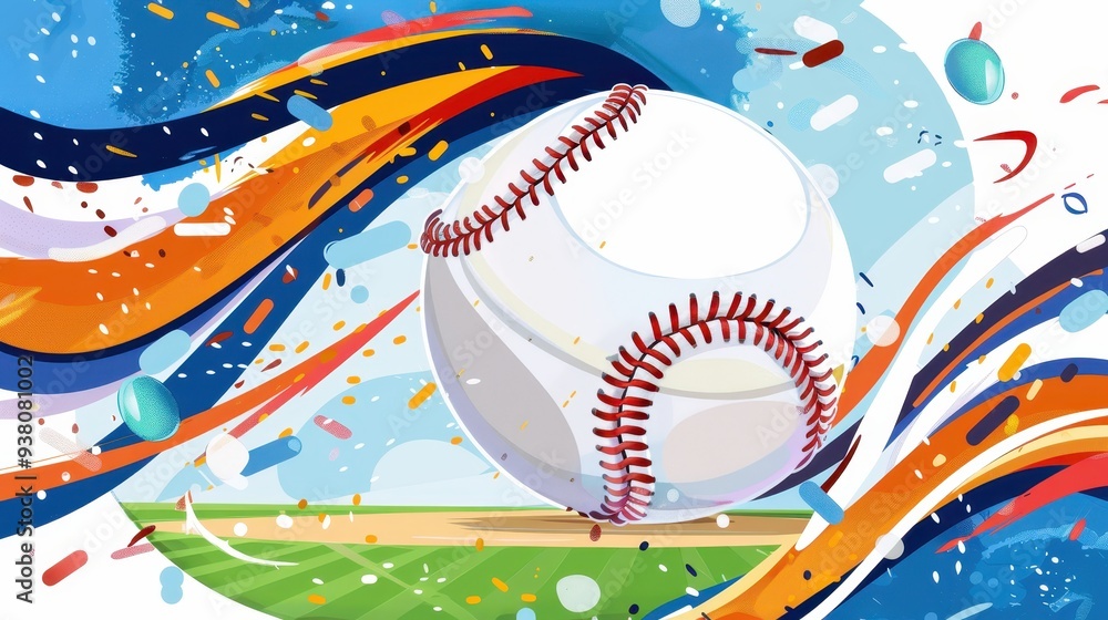 Poster colorful abstract illustration of a baseball in motion with dynamic background elements, capturing t