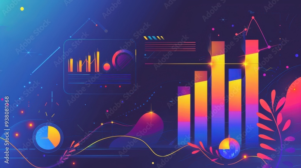 Poster colorful data analysis visualization with charts and graphs on a dark background, representing busin