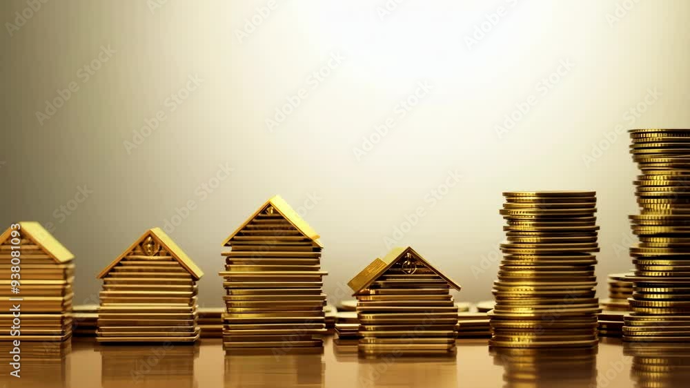 Poster stacks of shiny coins in varied heights create a captivating visual display
