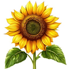 Fototapeta premium Vibrant yellow sunflower with green leaves, standing out vividly against a white background, full of life and energy