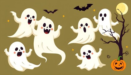 Naklejka premium Halloween Ghosts and Spooky Decorations