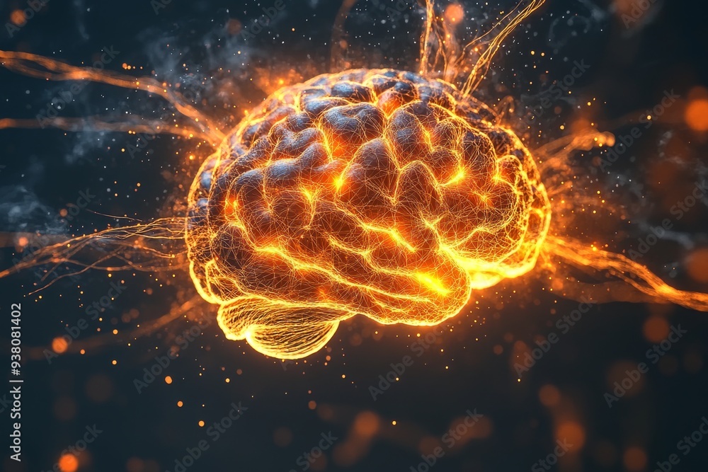 Poster digital illustration of a vibrant brain with glowing neural connections representing cognitive power