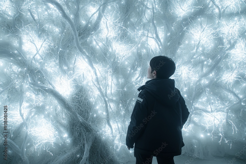 Poster silhouetted figure in an ethereal forest symbolizing introspection imagination and the mystical jour