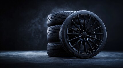 Alloy wheels with black round car tires and rubber tread on a black background