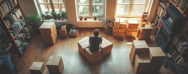 Couple on the floor surrounded by packed boxes, home moving day scene, perfect for dynamic shifting visuals