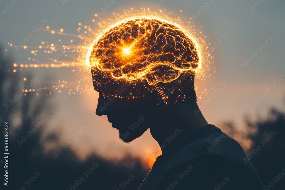 Poster silhouette of a human head with glowing brain symbolizing intelligence mental processes and the powe