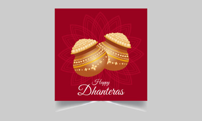 Greeting background with kalash, diya and gold coins for Indian festival Dhanteras (Diwali season). Vector illustration.