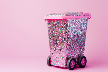 A glitter-covered pink trash bin against a pastel pink background with copy space, fun eco-friendly concept