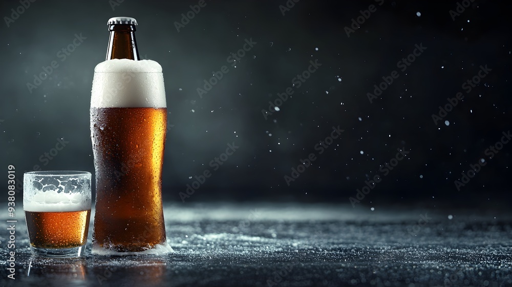Poster frosty glass of cold refreshing beer beside a chilled condensation covered bottle on a plain backgro