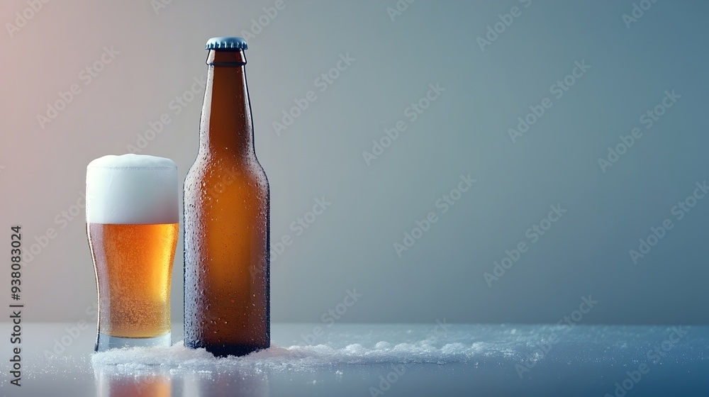 Poster frosty cold beer bottle with beads of condensation and a chilled glass set against a plain white or 