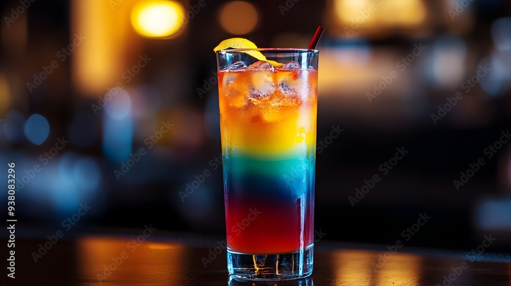 Poster vibrant and layered cocktail displayed in a tall transparent glass offering a visually captivating b