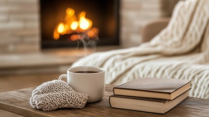 A cup of coffee, books, and a knitted scarf on a table near a fireplace, evoking warmth and relaxation in a cozy setting