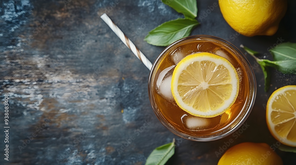Poster closeup view of a refreshing glass of iced tea garnished with a lemon slice and straw set on a rusti