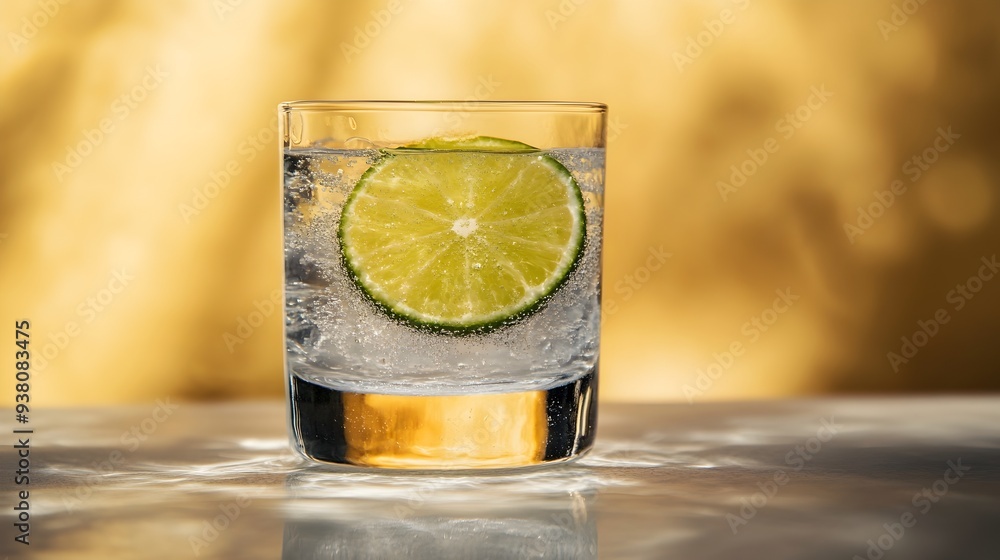 Poster refreshing glass of clear sparkling water with a fresh slice of green lime floating in it set on a s