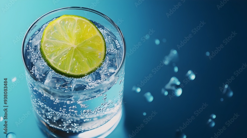 Poster crisp and clean glass of sparkling water with a fresh slice of lime set against a simple minimalist 