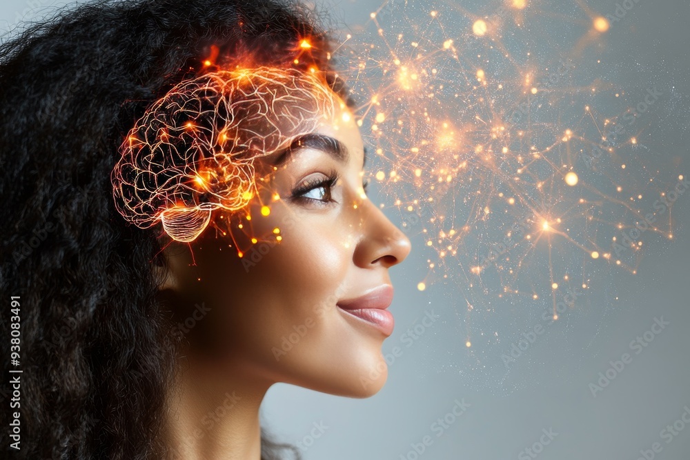 Wall mural side profile of a woman with glowing neural connections symbolizing the power of creativity intellig