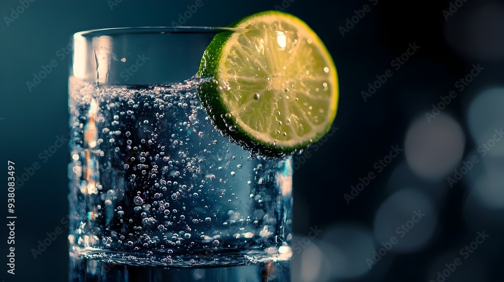 Poster a close up photograph of a glass filled with sparkling water featuring a fresh slice of lime floatin