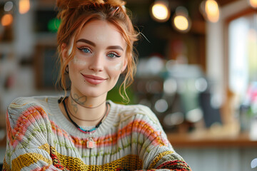 Close-up of charming young woman's face. Photorealistic image illustrating personal aesthetics. Vector poster, banner and card in modern style